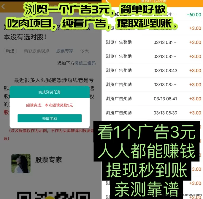 【巨量广告】浏览一个广告3圆，简单好做，吃肉项目，纯看广告，提取秒到。(5)