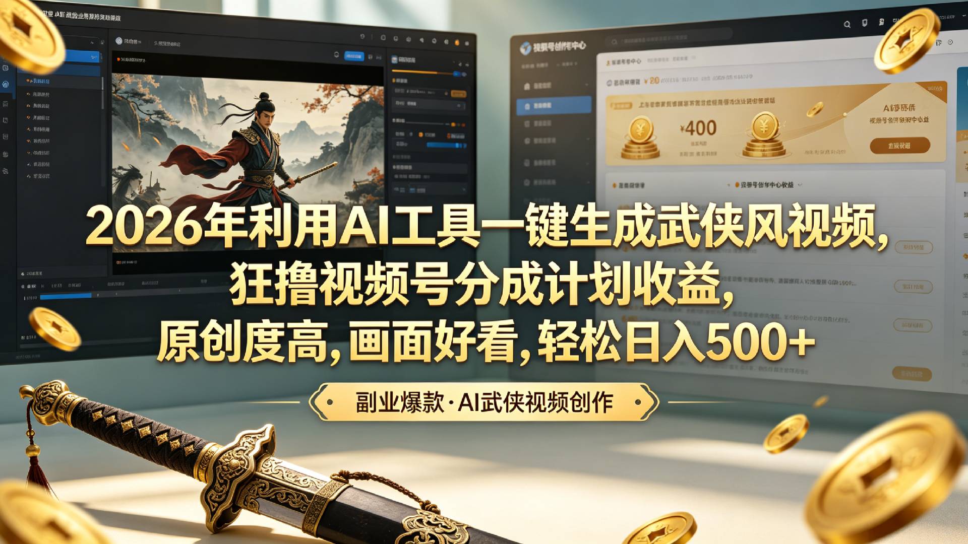 2026年利用AI工具一键生成武侠风视频，狂撸视频号分成计划收益，原创度高，画面好看，轻松日入500+(1)